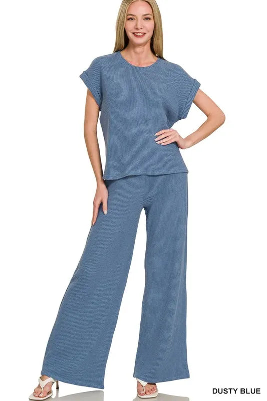 Zenana Rolled Sleeve Top and Pants Sweater Set - Sydney So Sweet