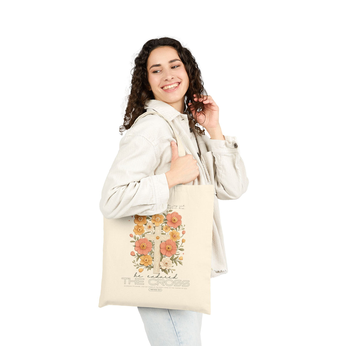 The Joy Set Before Him Floral Cross Christian Cotton Canvas Tote Bag