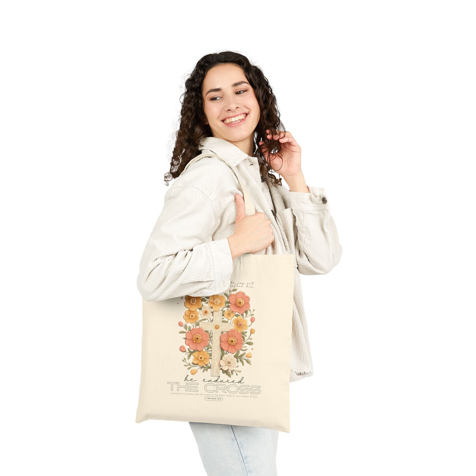 The Joy Set Before Him Floral Cross Christian Cotton Canvas Tote Bag