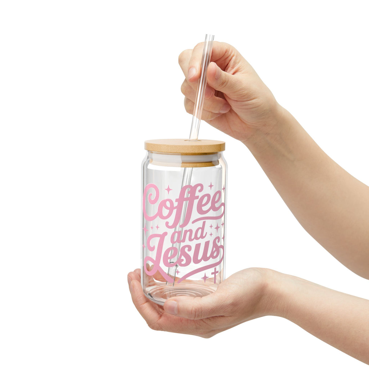 Coffee and Jesus Pink Script 16oz Sipper Glass Tumbler with Bamboo Lid & Straw - Sydney So Sweet