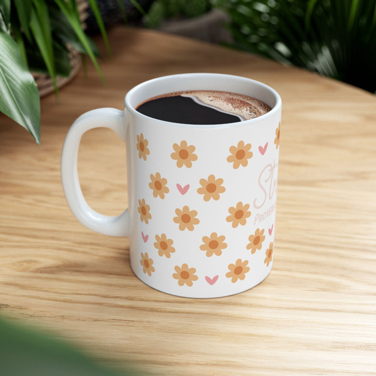 She Is Strong Ceramic Mug — Proverbs 31:25 Yellow Floral Inspirational Coffee Cup