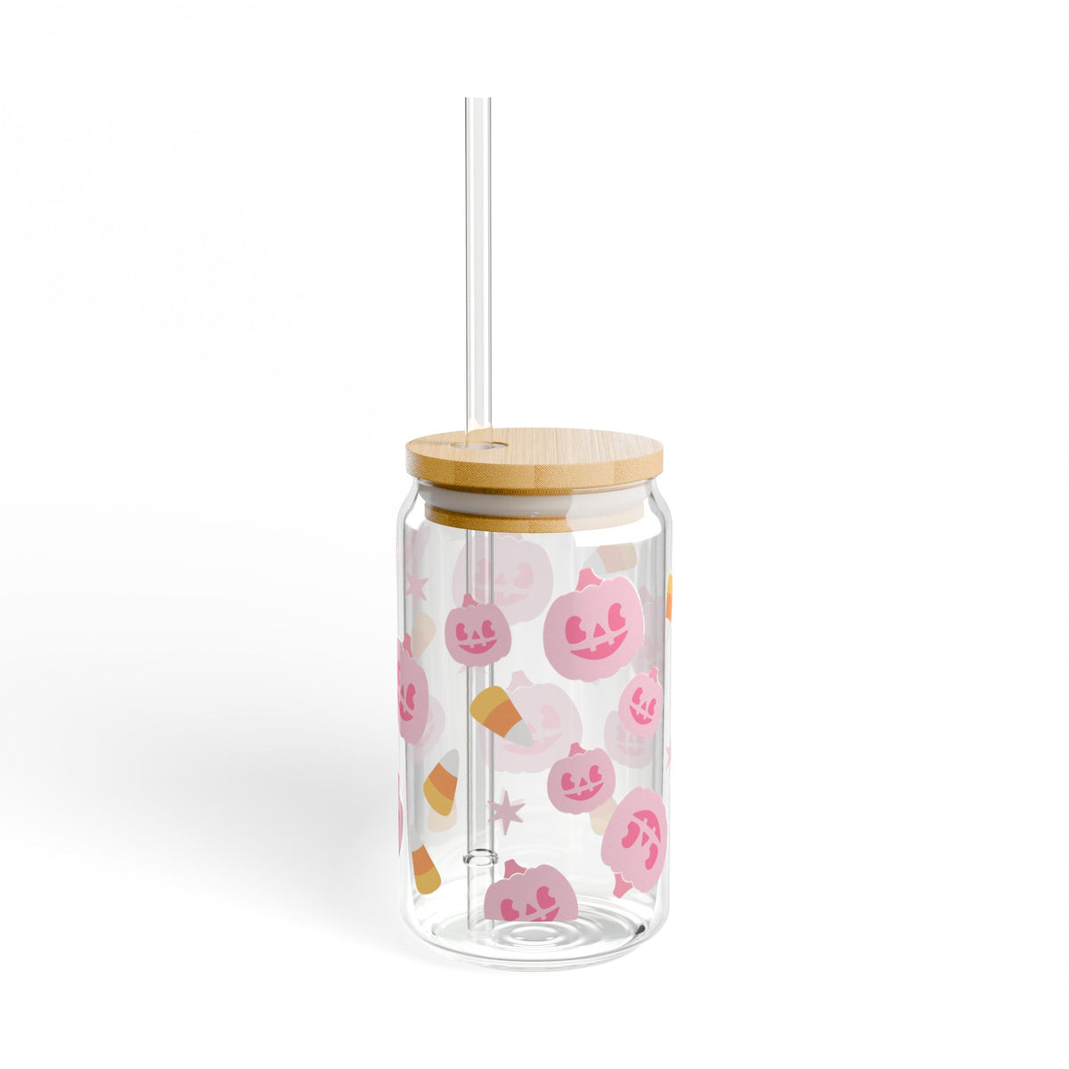 Pink Pumpkin & Candy Corn Halloween Sipper Glass 16oz Reusable Drink Jar with Lid & Straw