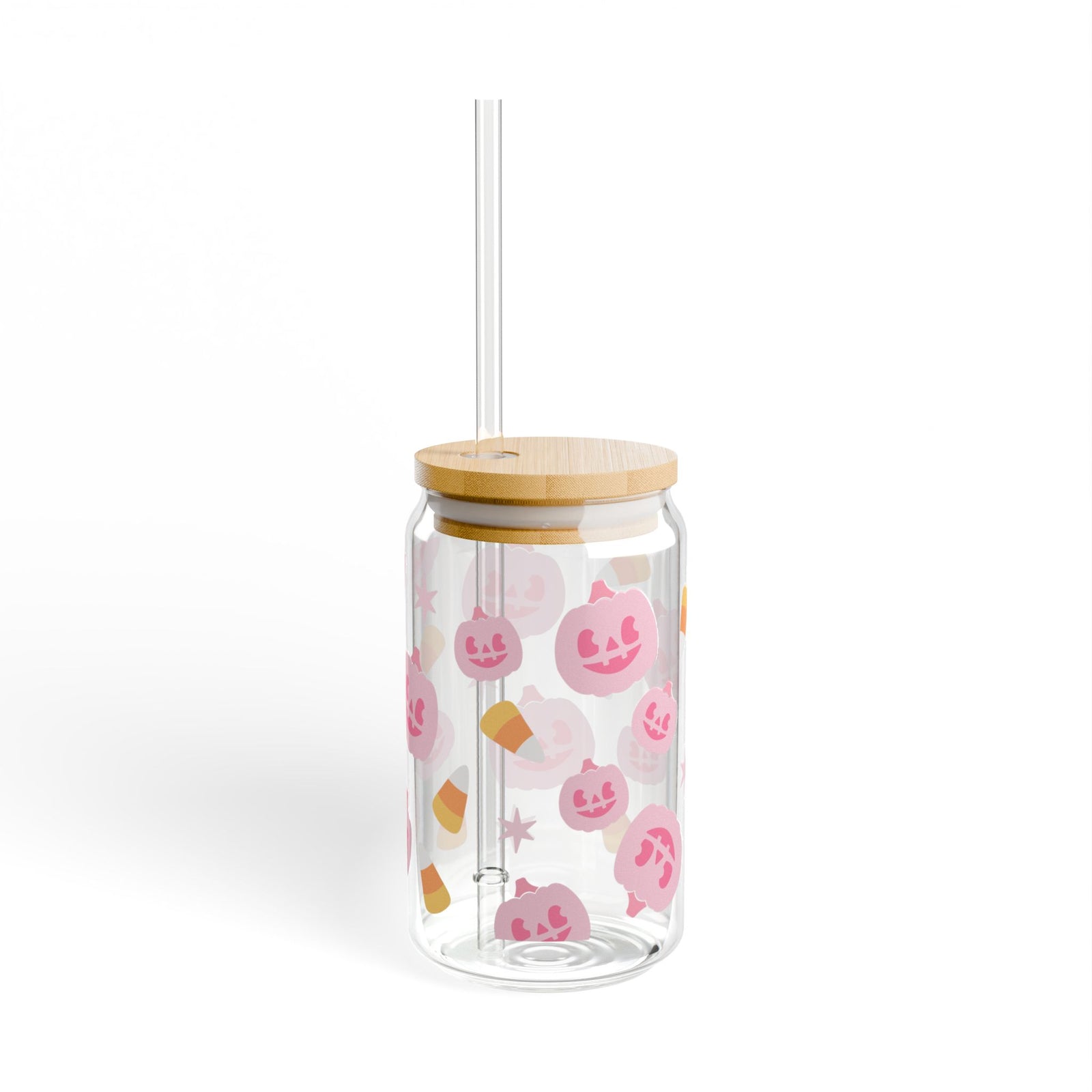 Pink Pumpkin & Candy Corn Halloween Sipper Glass 16oz Reusable Drink Jar with Lid & Straw