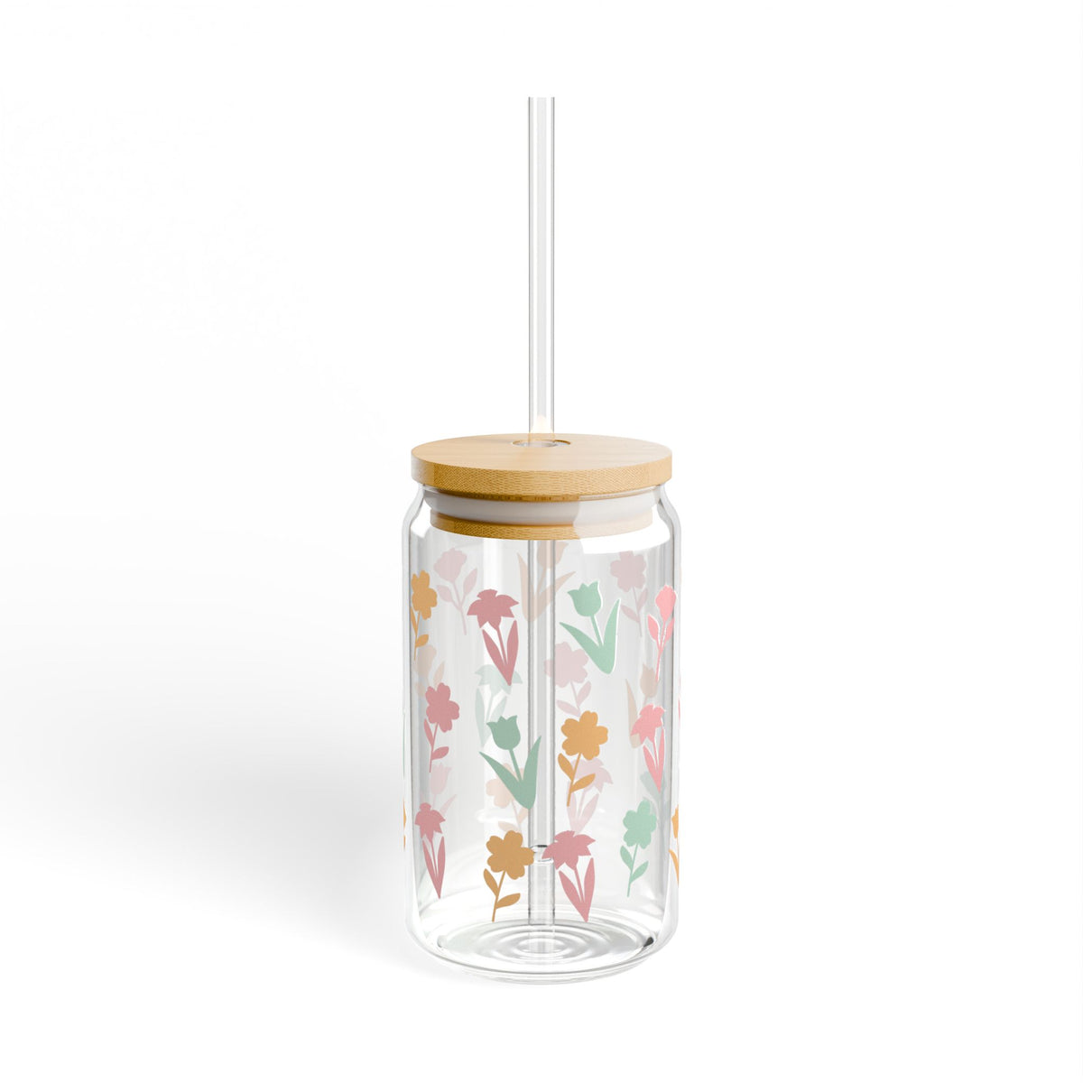 Spring Floral Tumbler Sipper Glass 16oz — Reusable Drink Jar with Lid & Straw