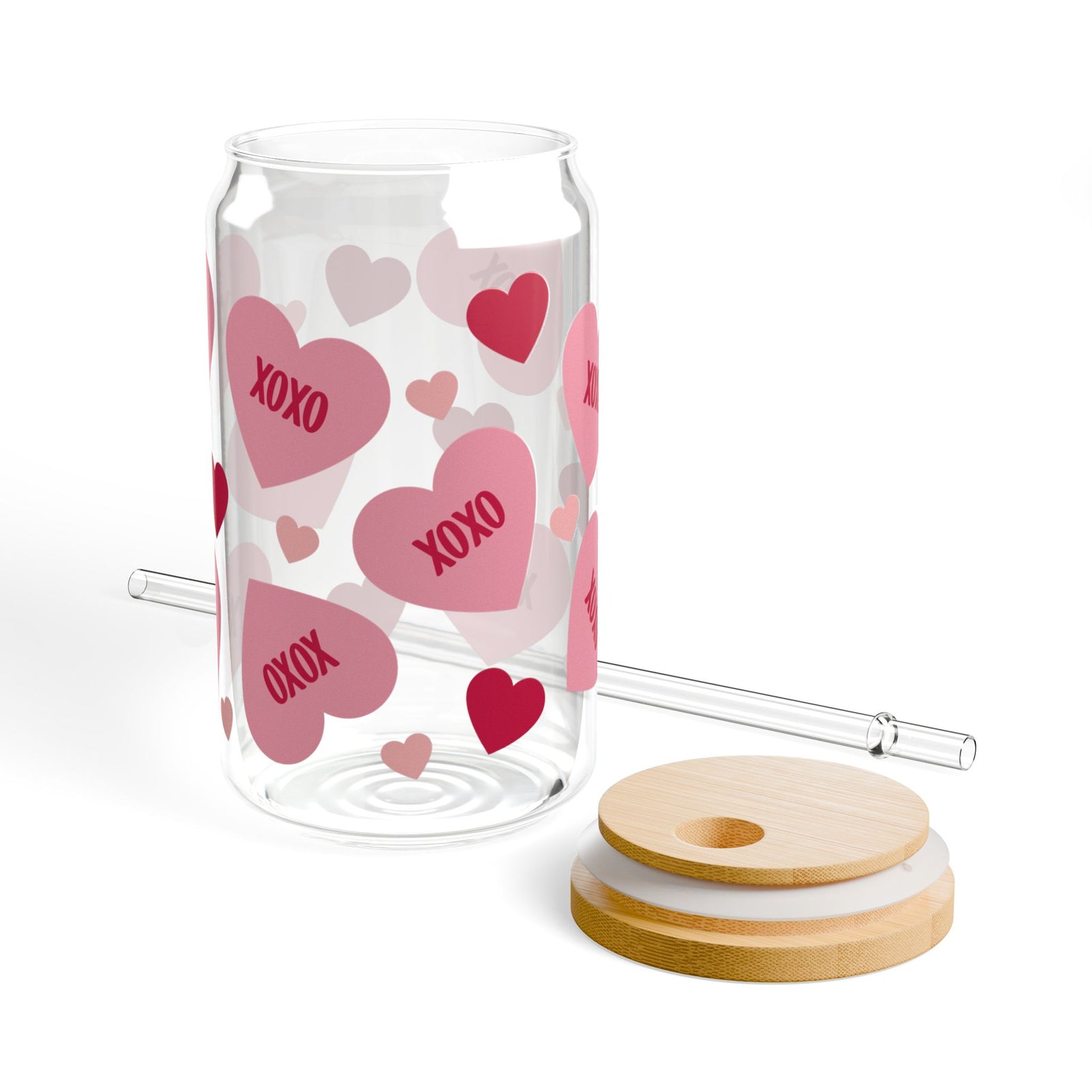 XOXO Hearts Tumbler Sipper Glass 16oz — Reusable Drink Jar with Lid & Straw - Sydney So Sweet