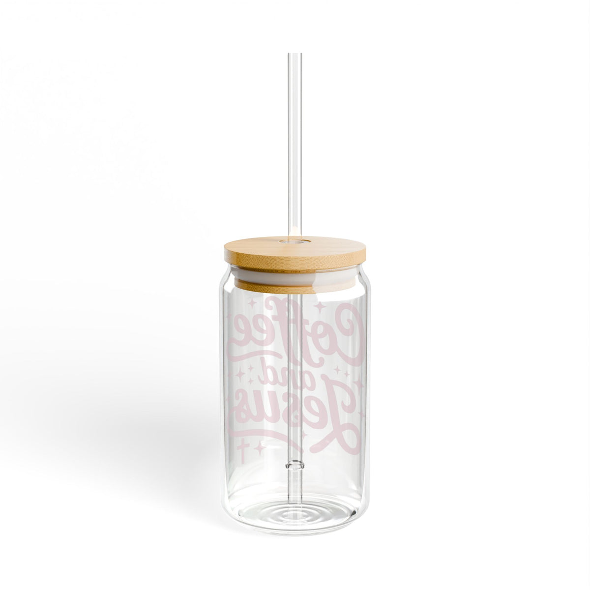 Coffee and Jesus Pink Script 16oz Sipper Glass Tumbler with Bamboo Lid & Straw - Sydney So Sweet