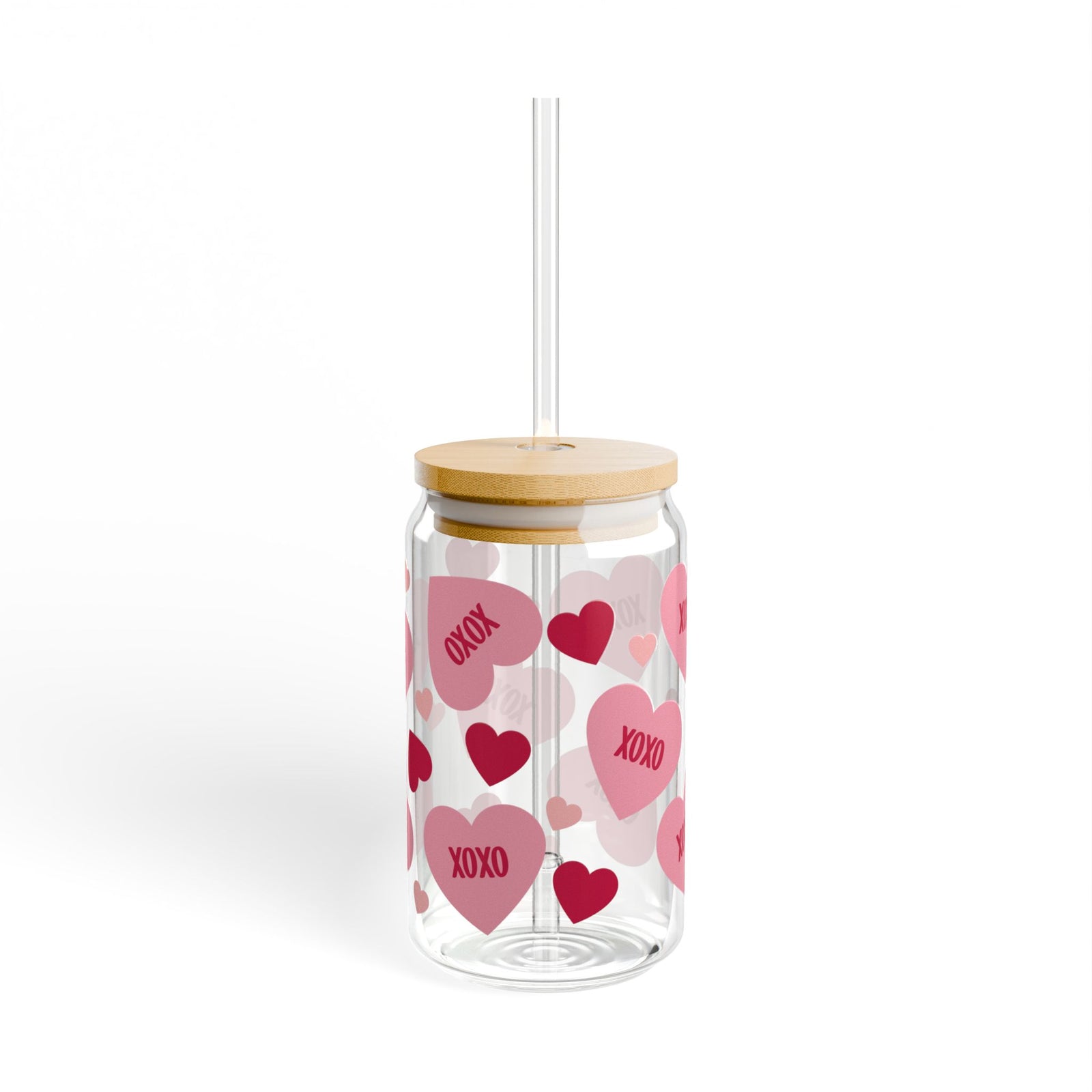 XOXO Hearts Tumbler Sipper Glass 16oz — Reusable Drink Jar with Lid & Straw - Sydney So Sweet