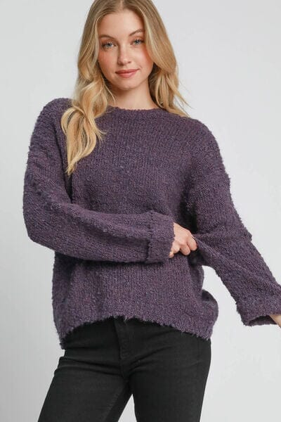 Umgee Full Size Round Neck Long Sleeve Boucle Sweater Plus Size - Sydney So Sweet