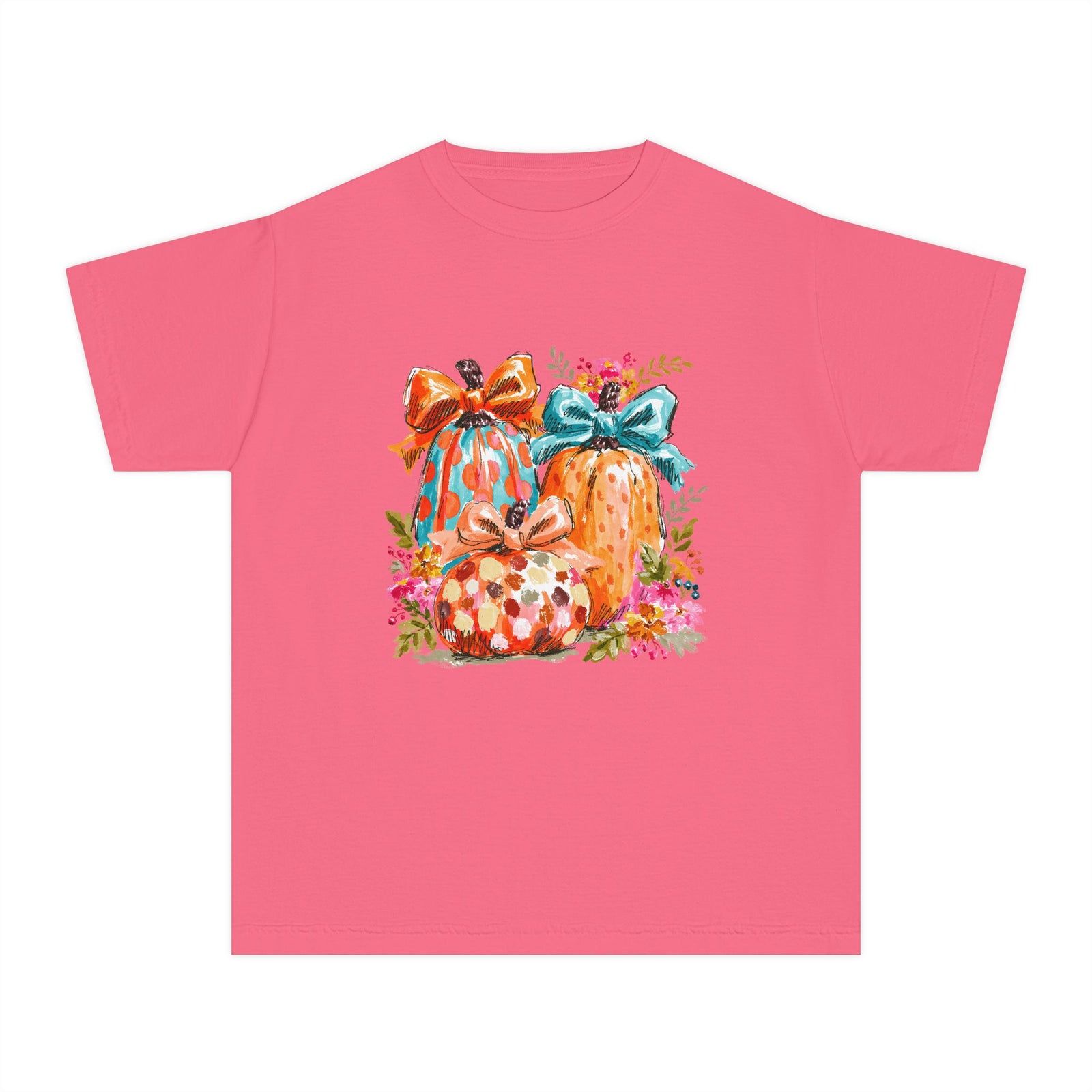 Floral Preppy Coquette Fall Pumpkin T-Shirt Cute Watercolor Kids Graphic Tee
