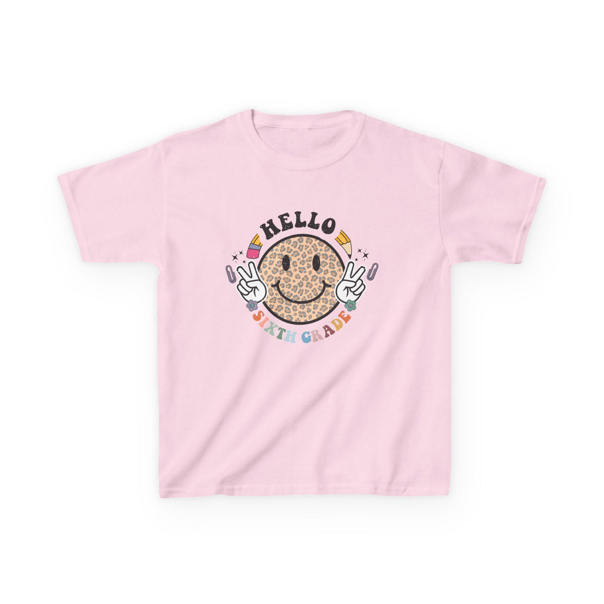 Sixth Grade Cheetah Smiley Face Graphic Tee Back-to-School 6th Grade Kids T-Shirt