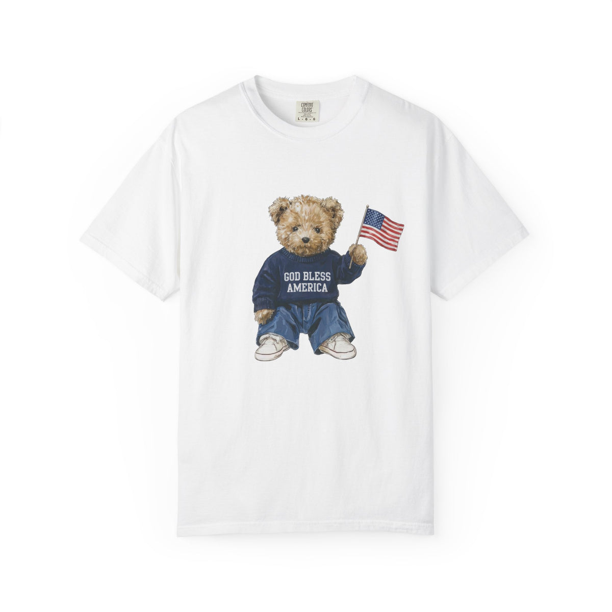 God Bless America Patriotic Teddy Bear with Flag Graphic T-Shirt