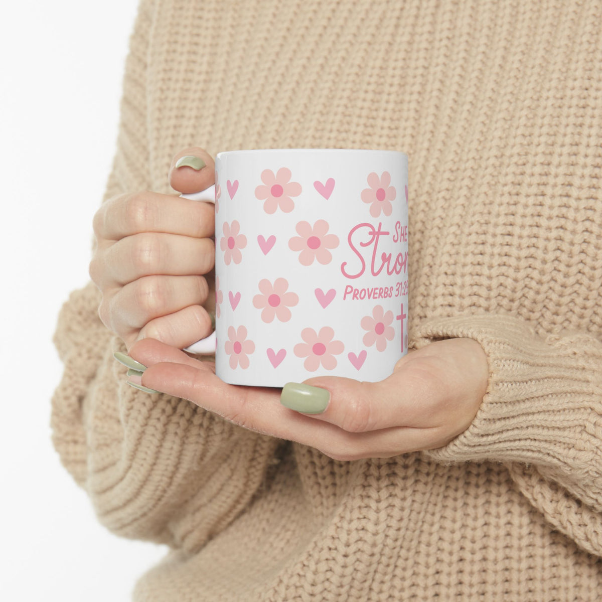 She Is Strong Proverbs 31:25 Ceramic Mug — Floral Inspirational Christian Coffee Cup (11oz/15oz)
