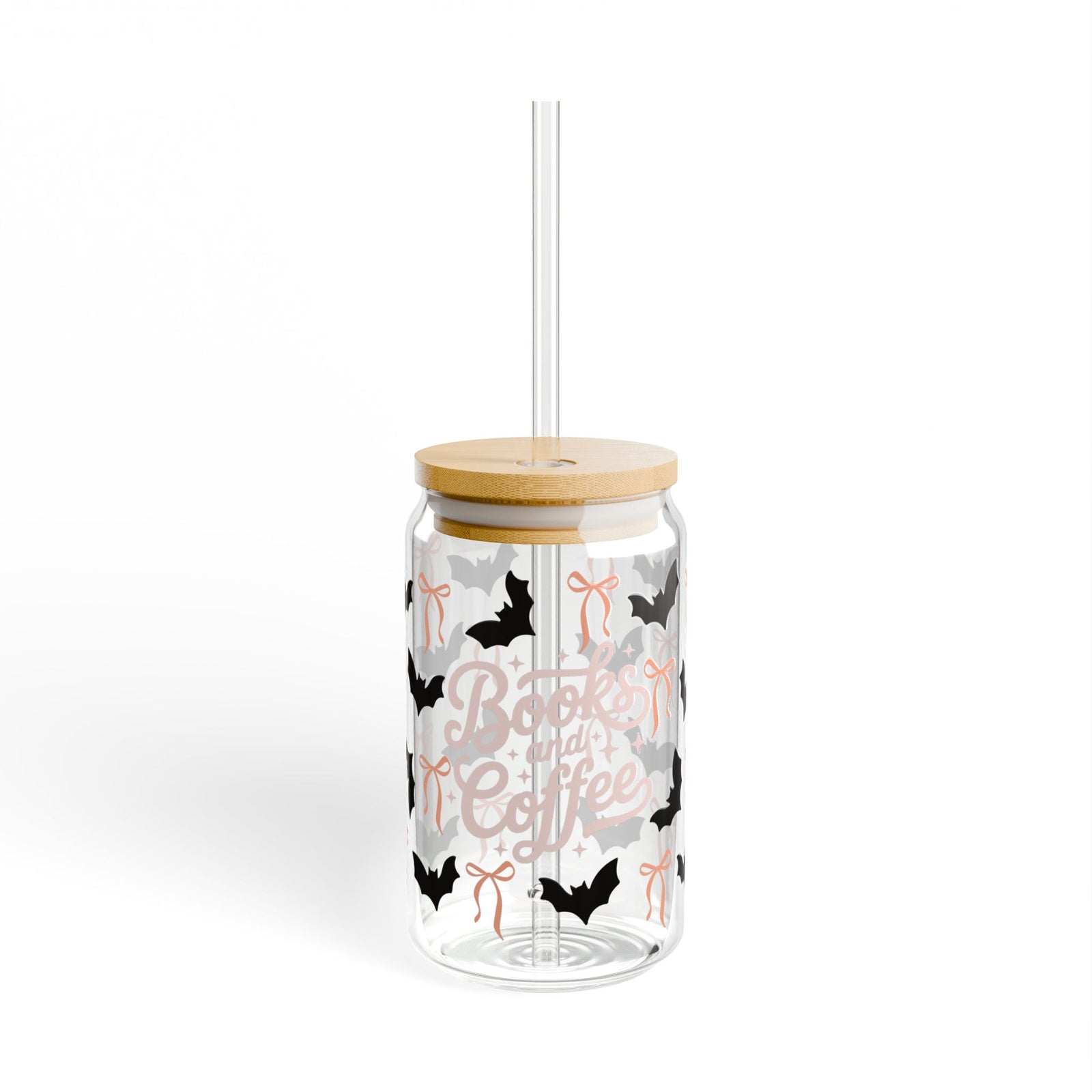Bats Books & Coffee Sipper Glass 16oz Reusable Drink Jar with Lid & Straw