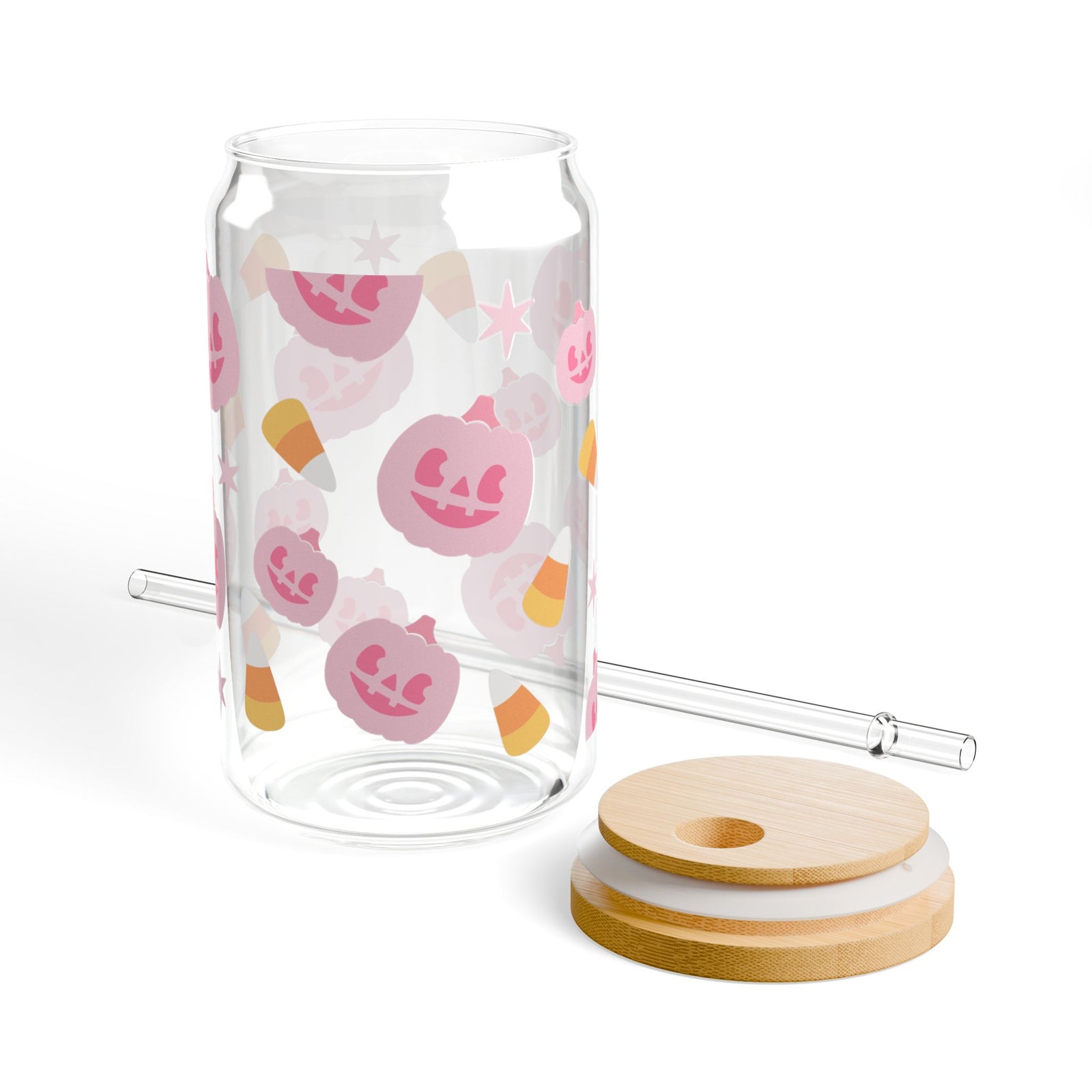 Pink Pumpkin & Candy Corn Halloween Sipper Glass 16oz Reusable Drink Jar with Lid & Straw
