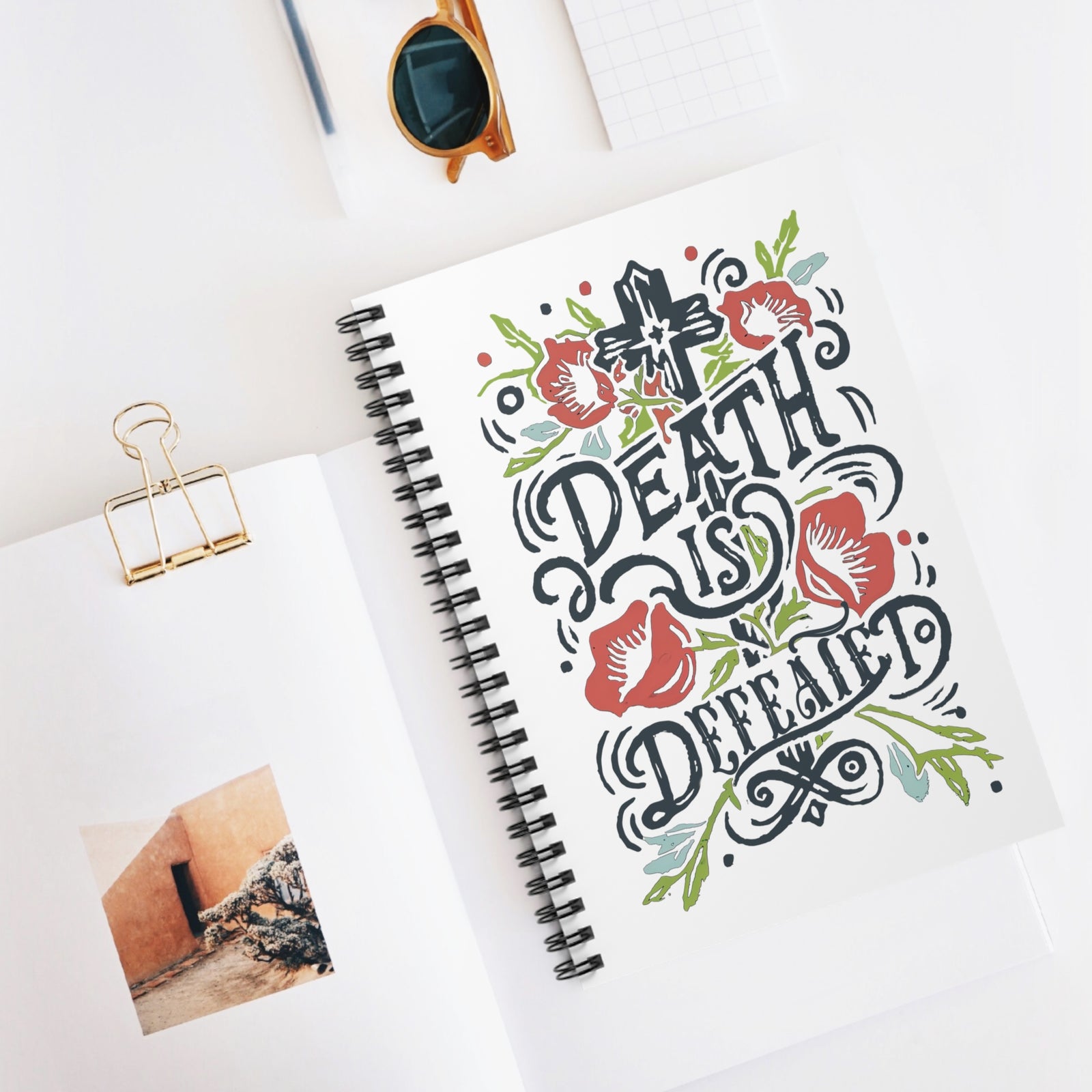 Death Is Defeated Floral Cross Christian Spiral Ruled Notebook Journal