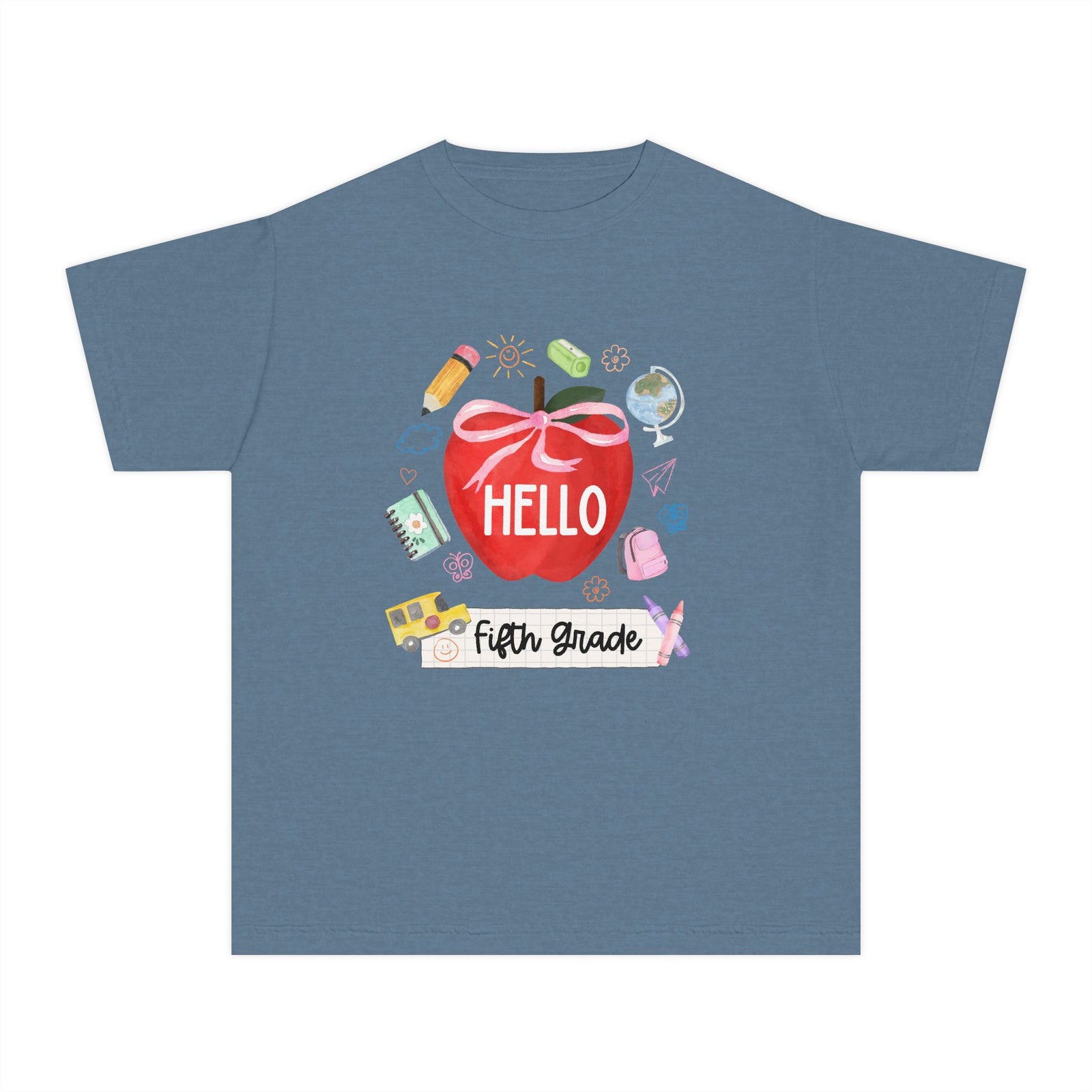 Hello Fifth Grade Preppy Coquette Apple Graphic Tee Back to School 5th Grade T-Shirt