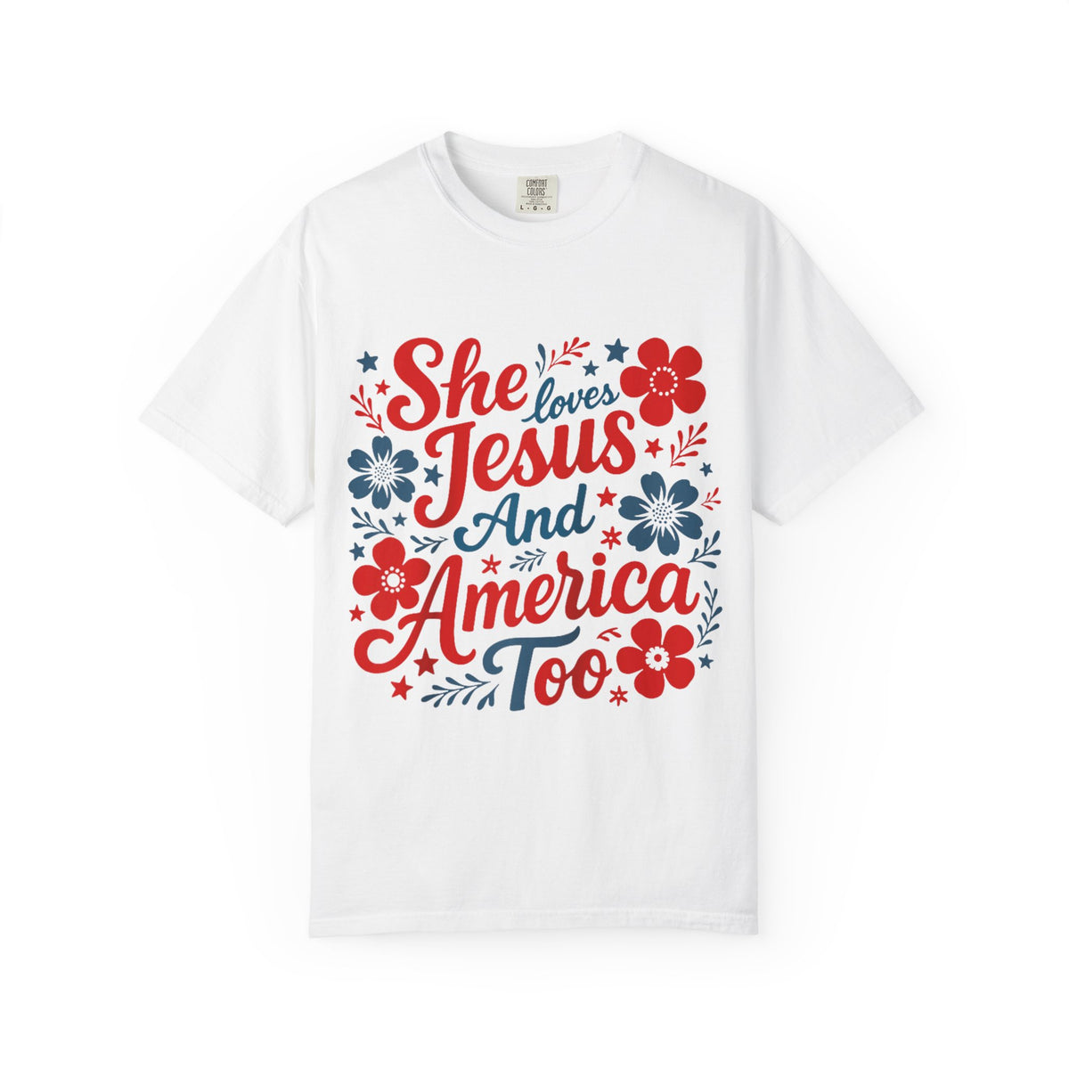 She Loves Jesus and America Too T-Shirt Patriotic Christian Graphic Tee