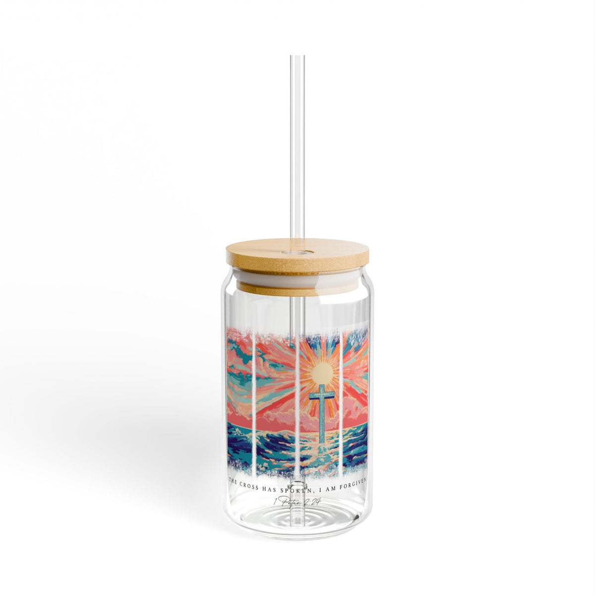 The Cross Has Spoken I am Forgiven Christian Sipper Glass 16oz Reusable Drink Jar with Lid & Straw