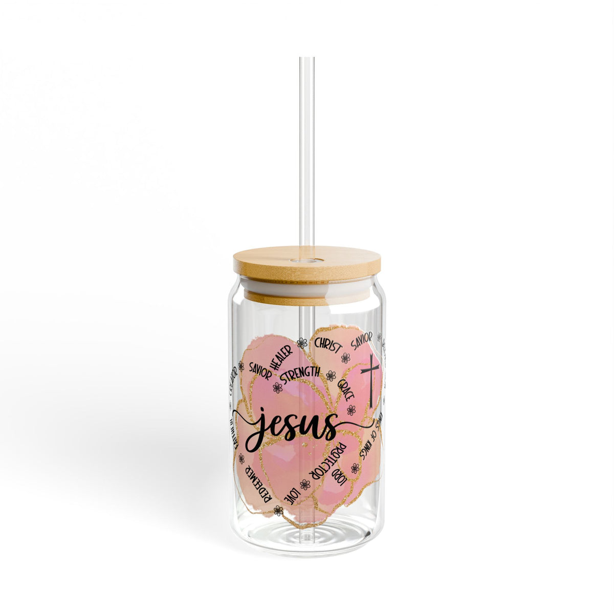 Jesus Strength & Grace Christian Tumbler Sipper Glass 16oz — Reusable Drink Jar with Lid & Straw