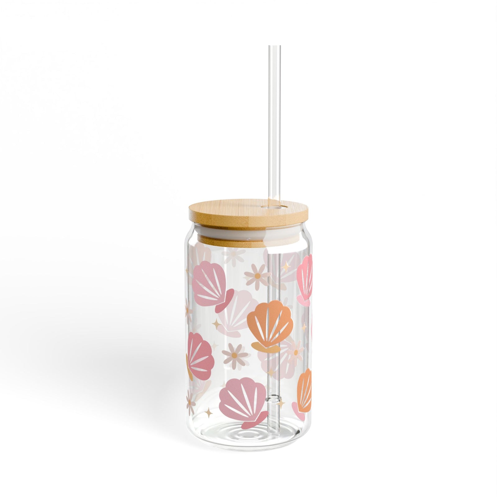 Floral & Seashell Pink Sipper Glass 16oz — Reusable Drink Jar with Lid & Straw
