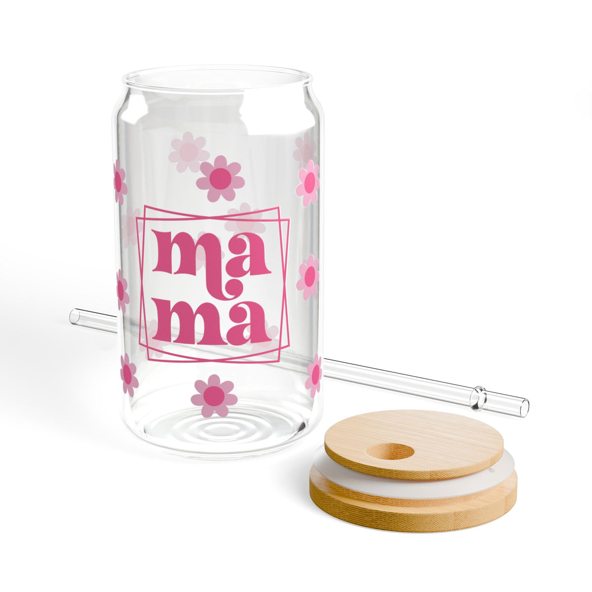 Mama Pink Flower Tumbler Sipper Glass 16oz — Reusable Drink Jar with Lid & Straw
