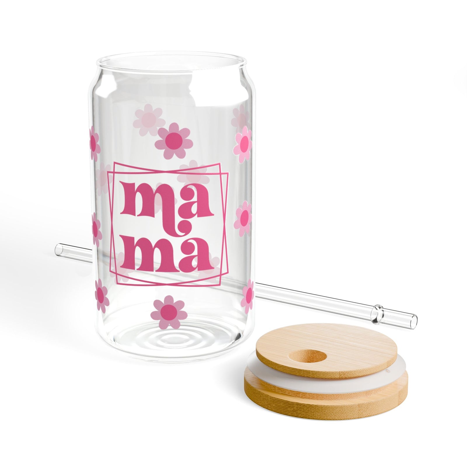 Mama Pink Flower Tumbler Sipper Glass 16oz — Reusable Drink Jar with Lid & Straw
