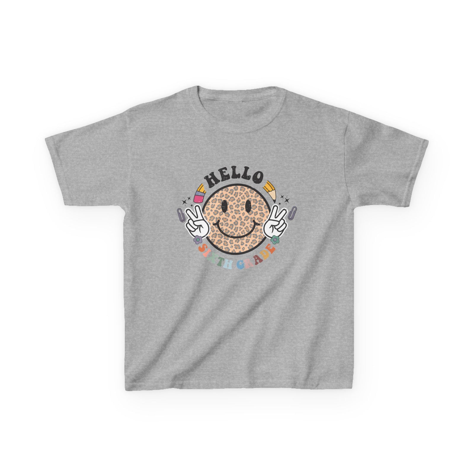 Sixth Grade Cheetah Smiley Face Graphic Tee Back-to-School 6th Grade Kids T-Shirt