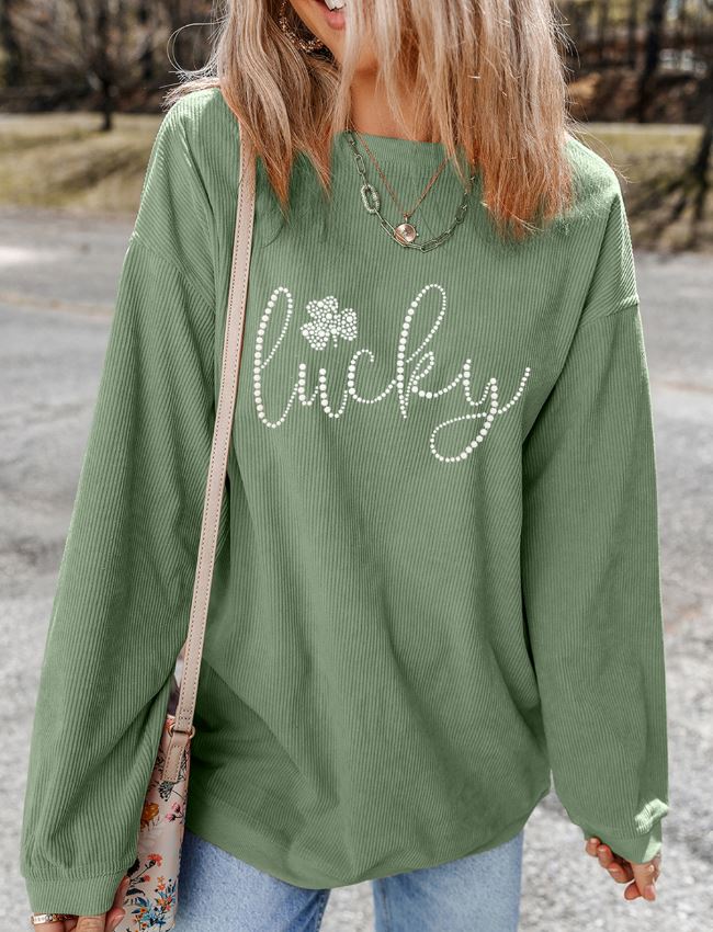 LUCKY Rhinestone Round Neck Long Sleeve Sweatshirt - Sydney So Sweet