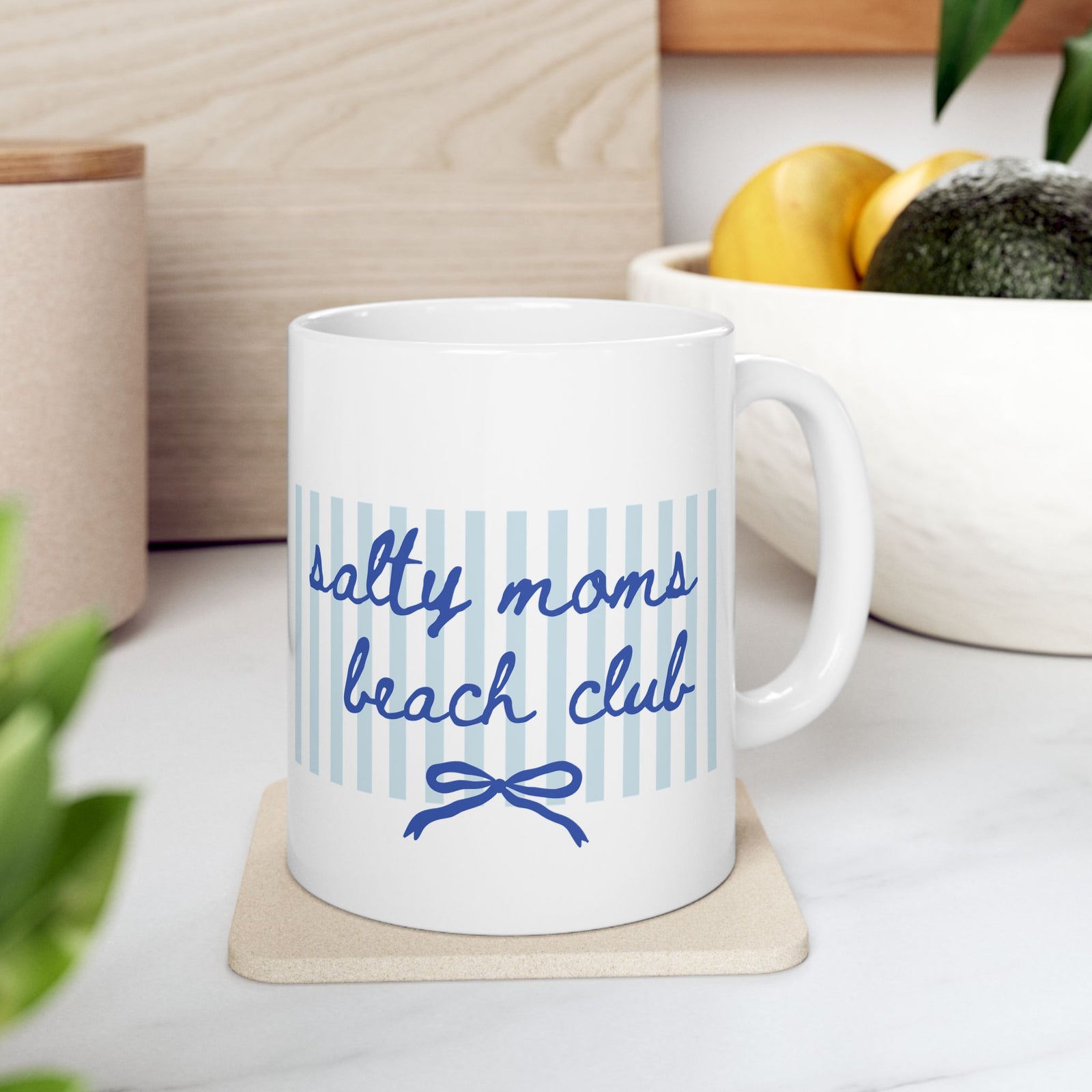 Salty Moms Beach Club Coastal Stripe Ceramic Mug Coffee Cup (11oz & 15oz)