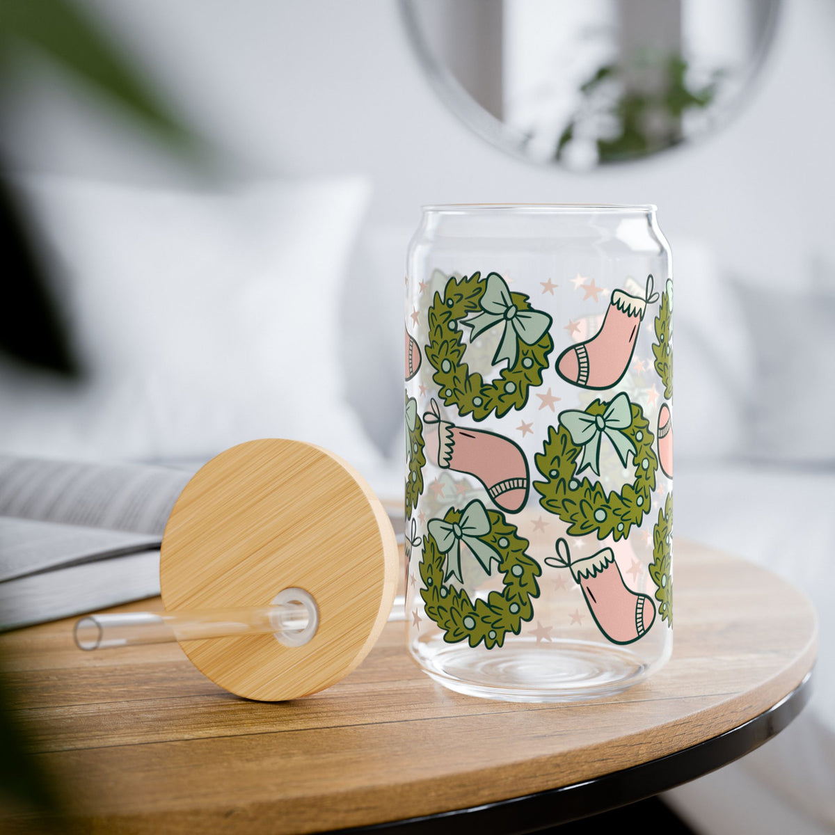 Holly Jolly Christmas Stockings Sipper Glass 16oz Reusable Drink Jar with Lid & Straw