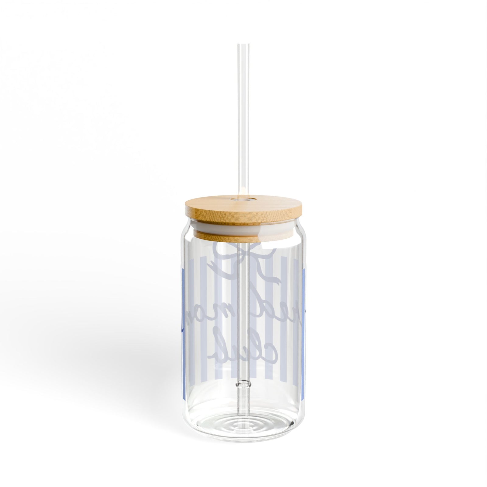 Tired Mom Club Blue Striped Sipper Glass 16oz Reusable Drink Jar with Lid & Straw