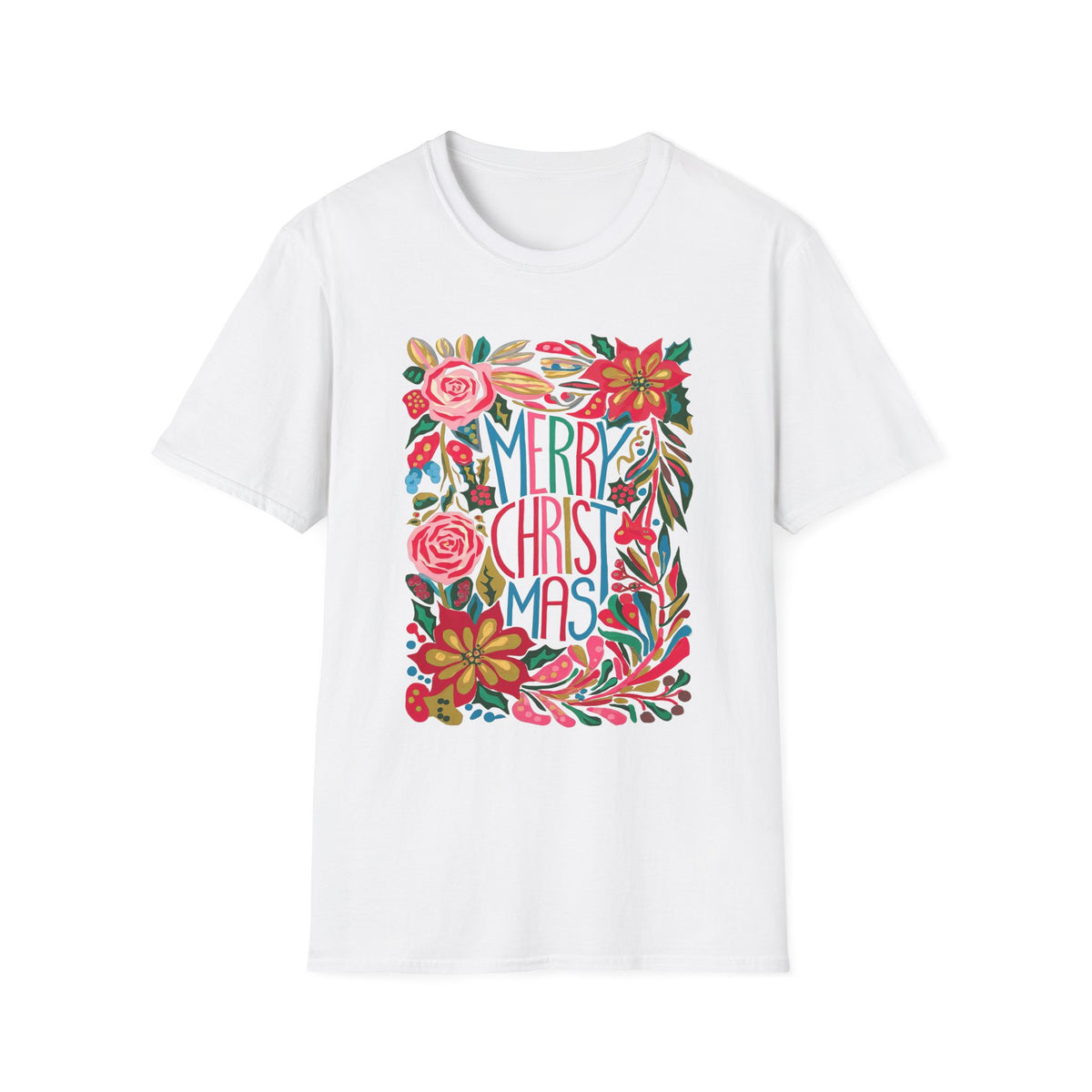 Merry Christmas Bright Holiday Florals Tee Graphic T-Shirt