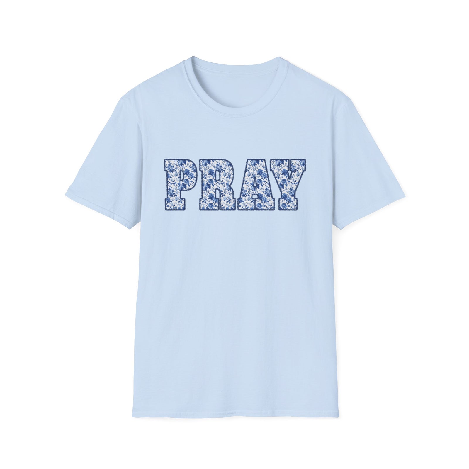 Pray Floral T-Shirt Blue Flower Lettering Christian Tee