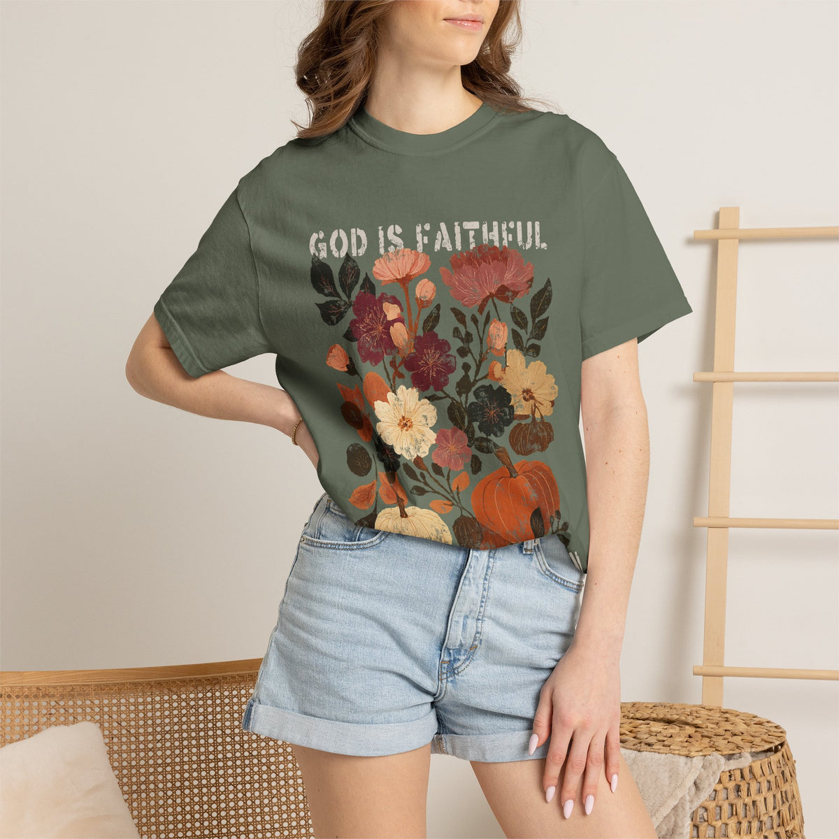 God is Faithful Floral Pumpkin T-Shirt Christian Distressed Fall Graphic Tee