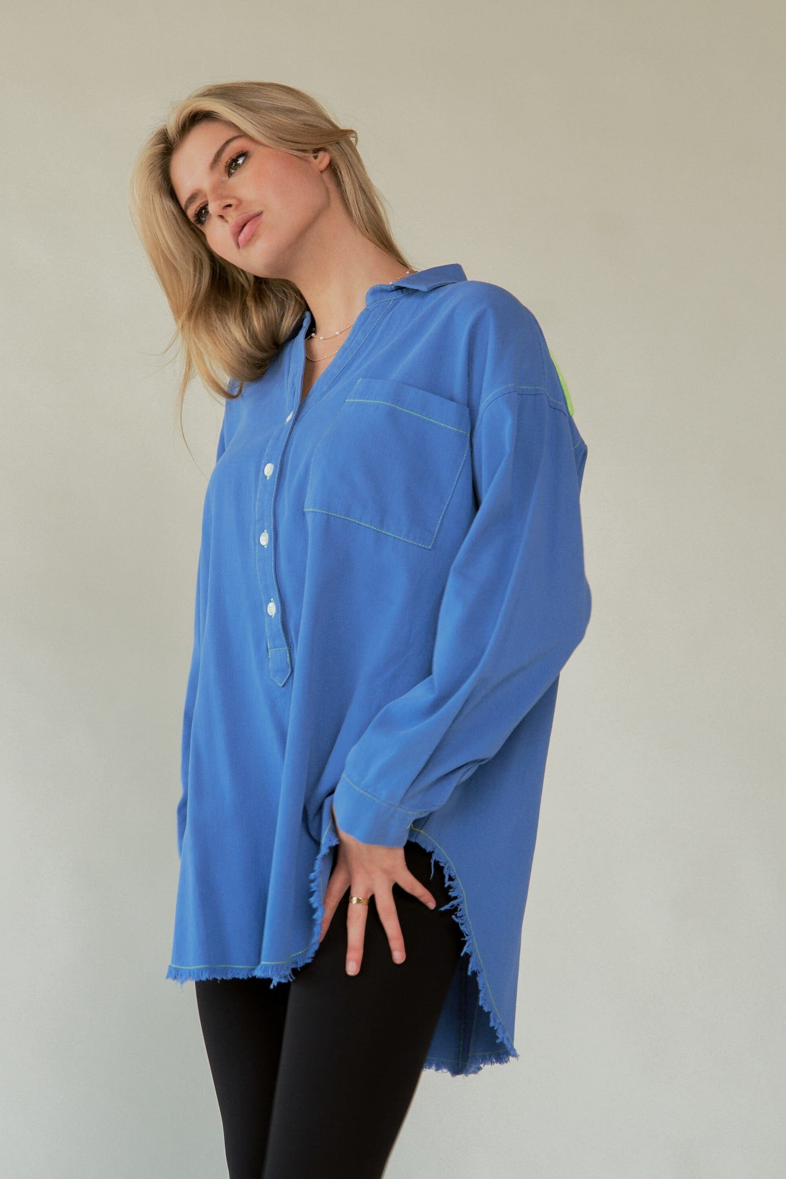 Davi & Dani Letter Back Raw Hem Half Button Shirt - Sydney So Sweet