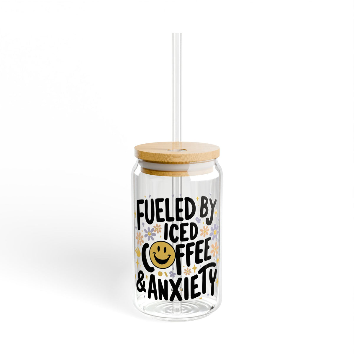 Fuel By Iced Coffee & Anxiety Smile Sipper Glass 16oz Reusable Drink Jar with Lid & Straw