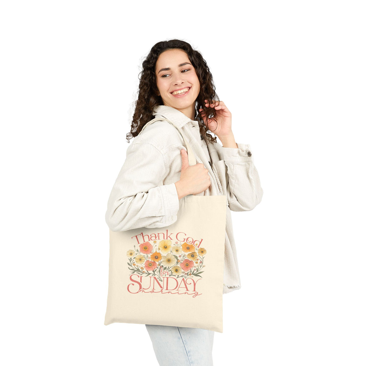 Thank God Sunday Cotton Canvas Floral Church Tote Bag