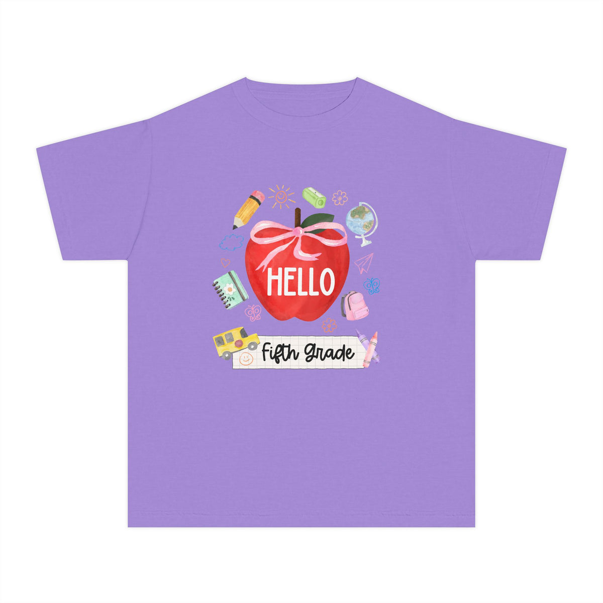 Hello Fifth Grade Preppy Coquette Apple Graphic Tee Back to School 5th Grade T-Shirt