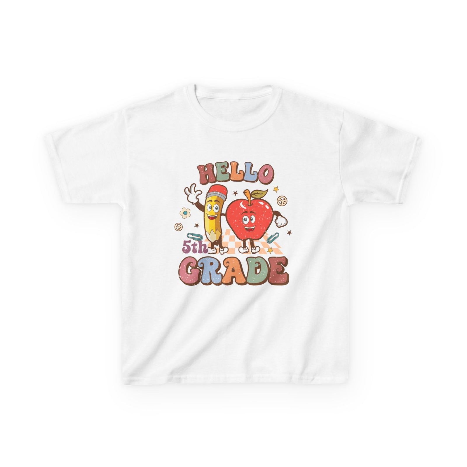 Hello 5th Grade Cute Apple & Pencil Graphic Tee Back-to-School Fifth Grade Kids T-Shirt