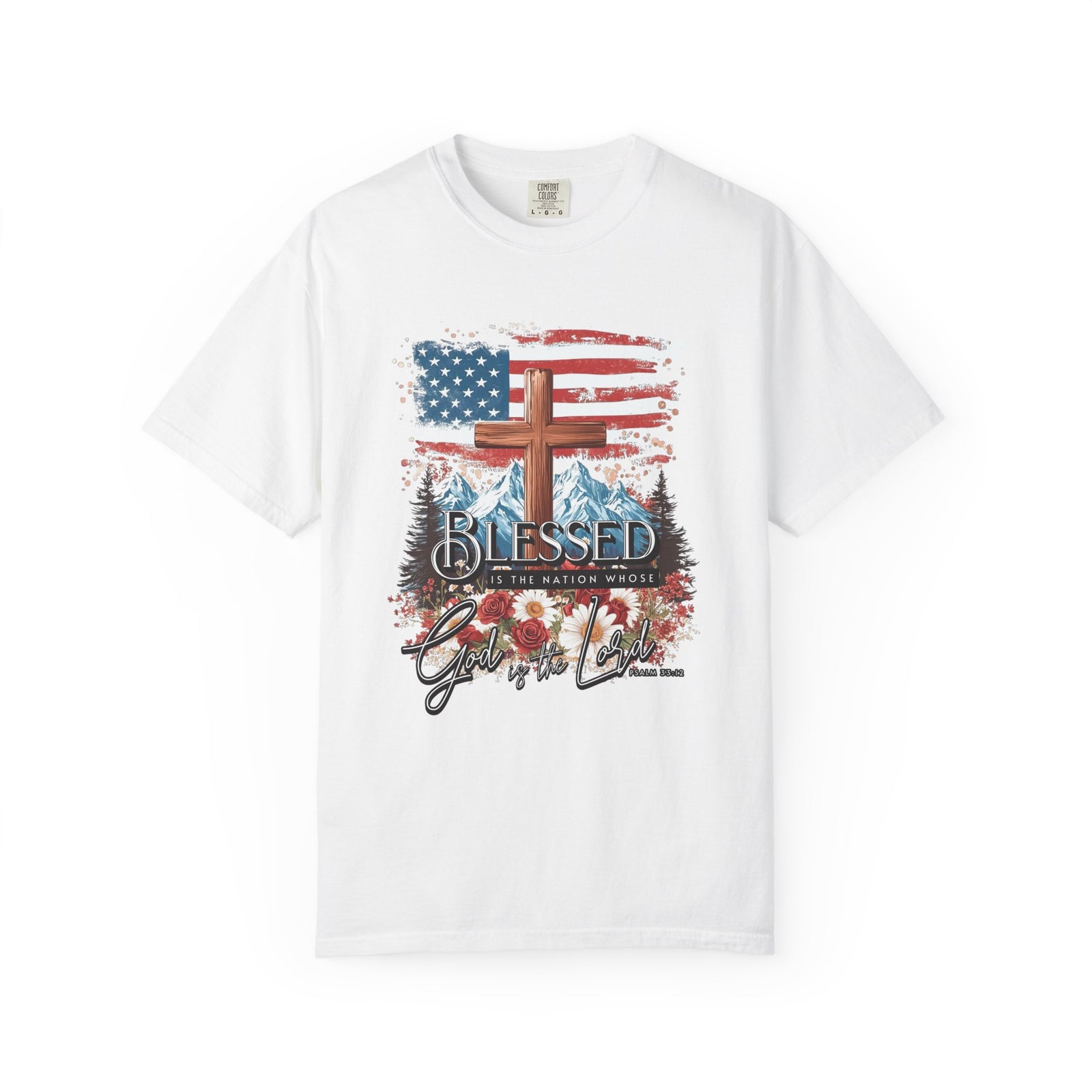 Blessed is the Nation Cross American Flag T-Shirt Christian Patriotic Graphic Tee