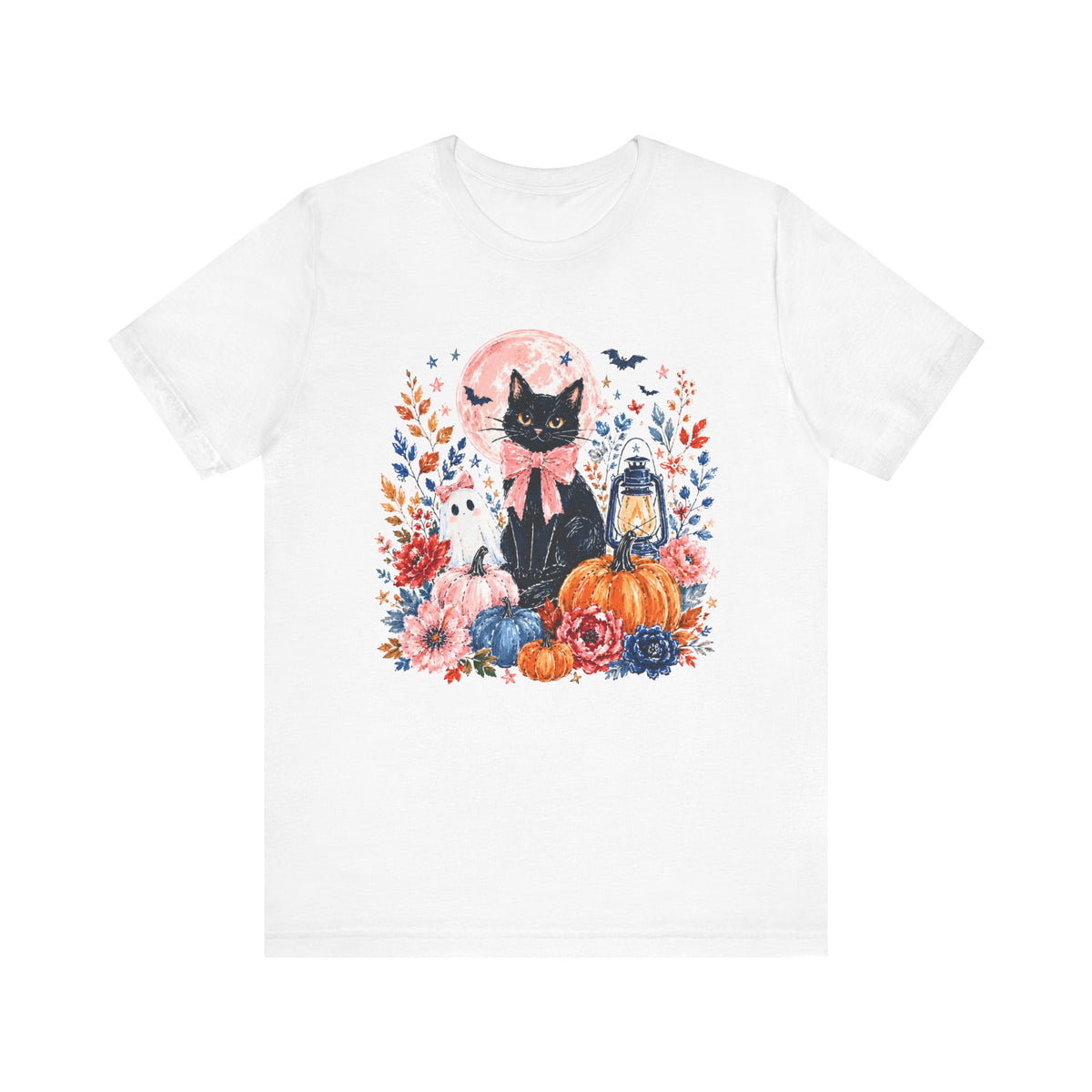 Girly Black Cat Halloween T-Shirt Cute Pumpkin & Lantern Fall Graphic Tee