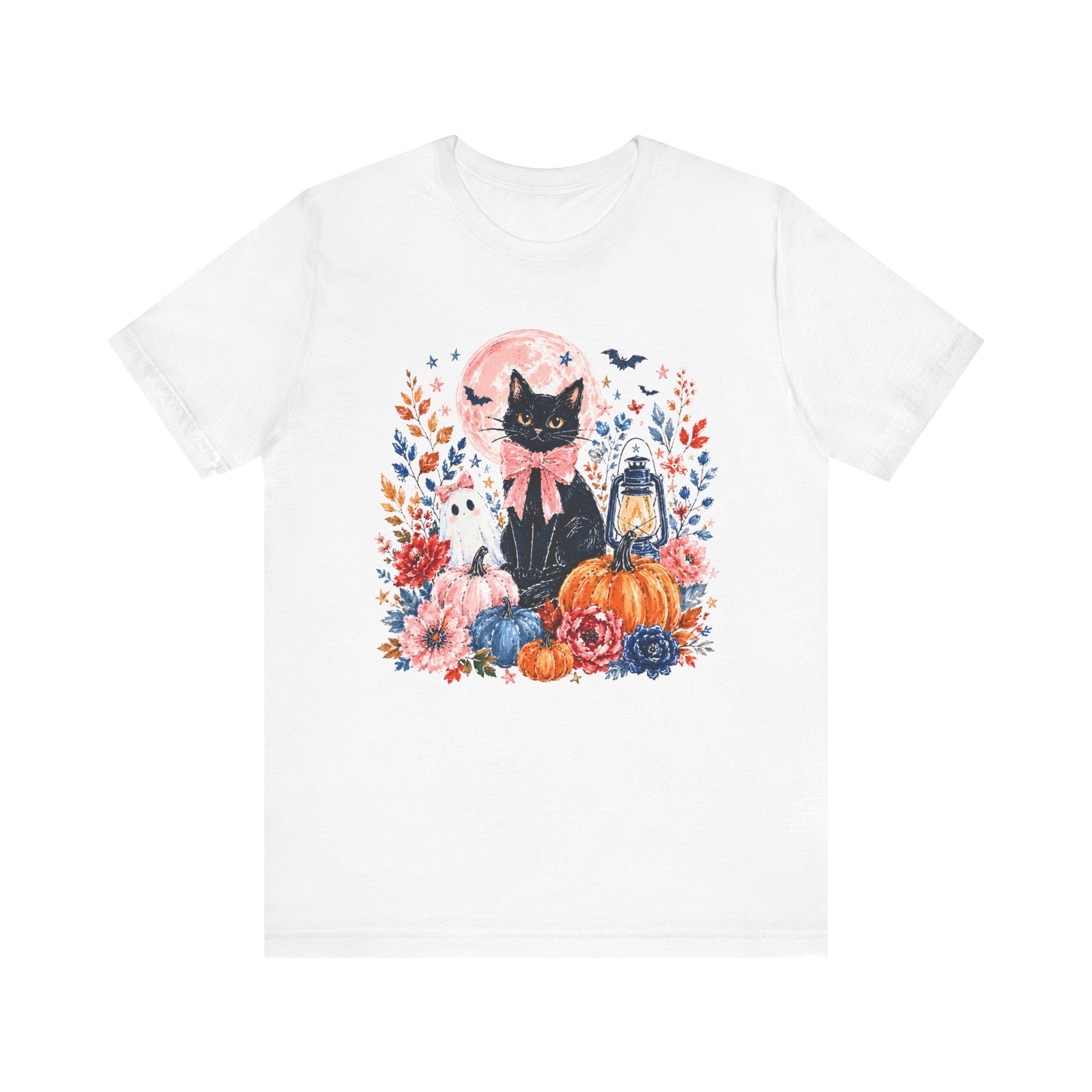 Girly Black Cat Halloween T-Shirt Cute Pumpkin & Lantern Fall Graphic Tee