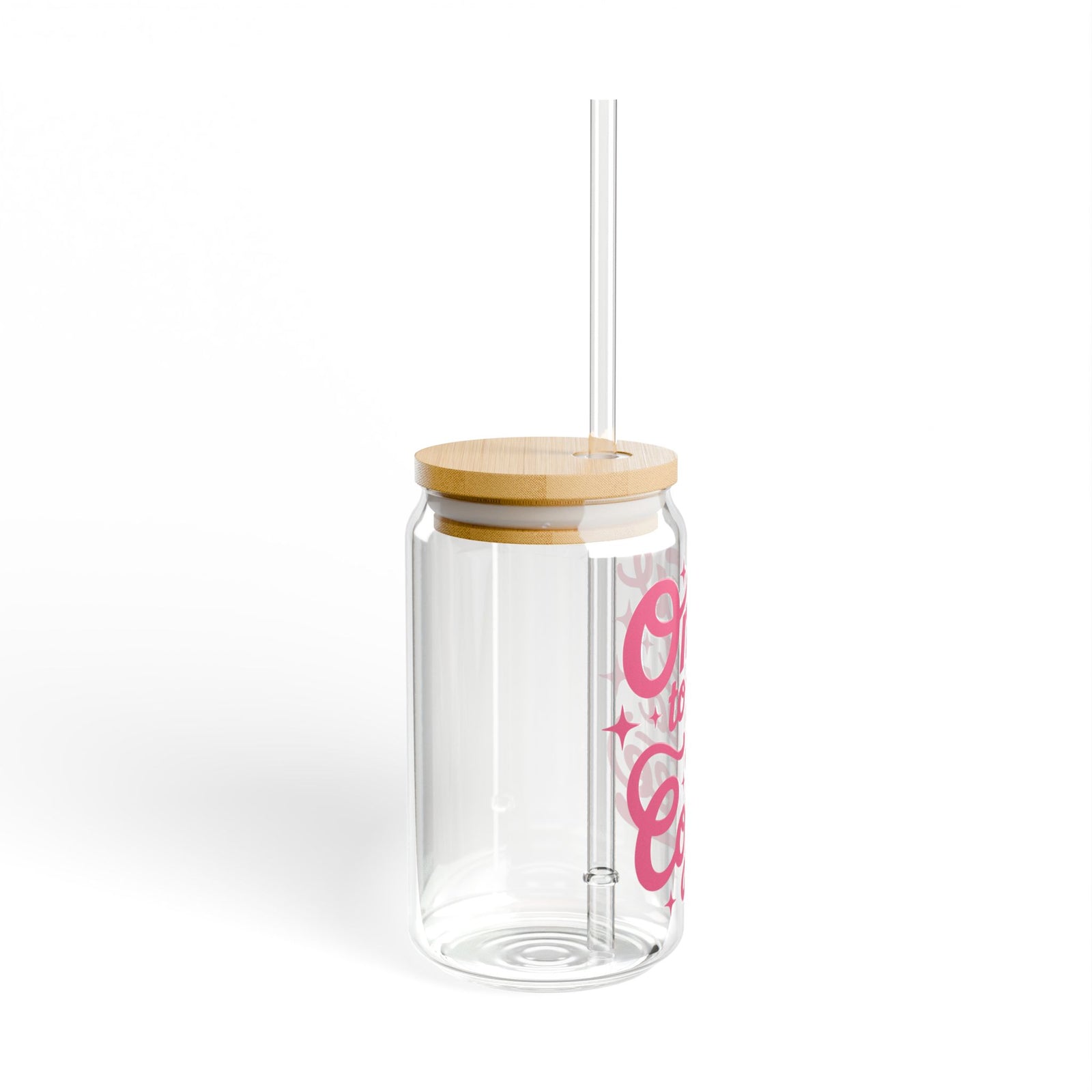 OMW to Get Iced Coffee Retro Pink Script Sipper Glass 16oz Reusable Drink Jar with Lid & Straw