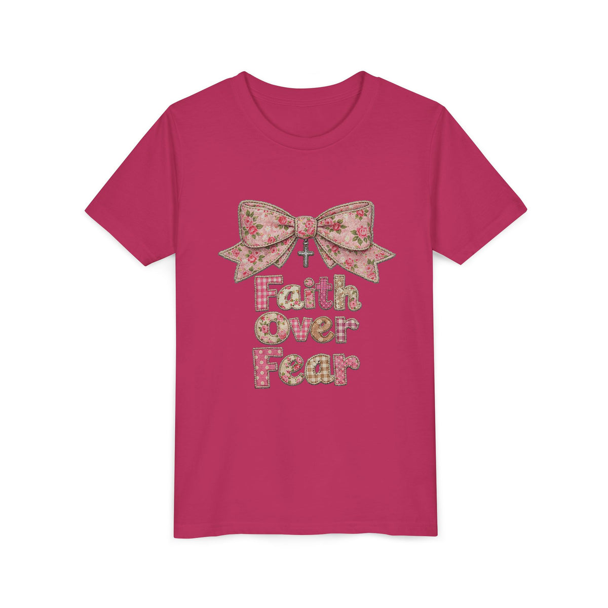 Faith Over Fear Coquette Bow Kids T-Shirt Cute Pink Christian Graphic Tee