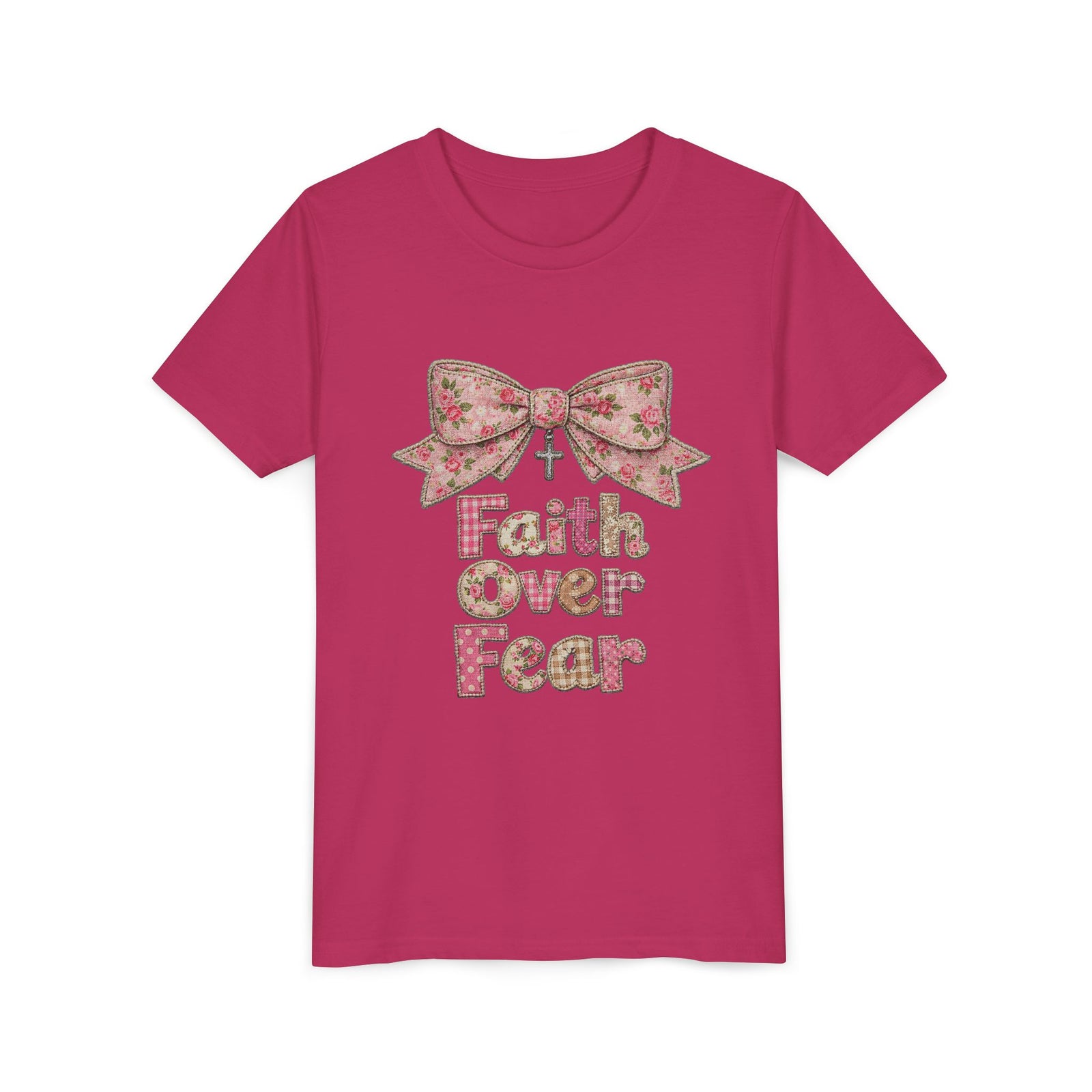 Faith Over Fear Coquette Bow Kids T-Shirt Cute Pink Christian Graphic Tee