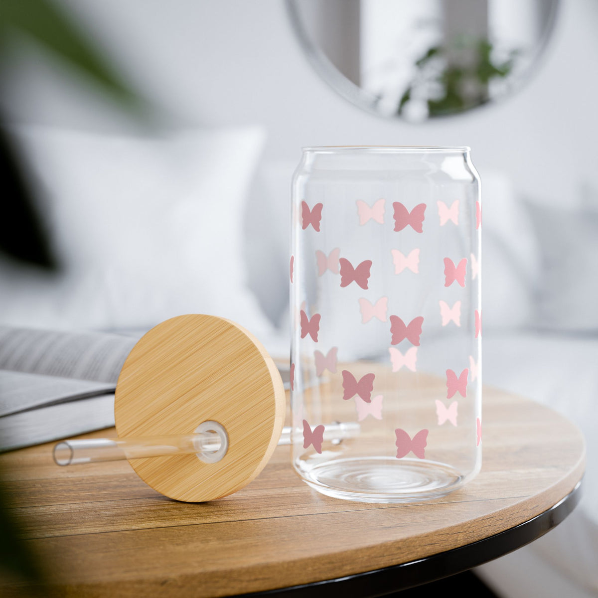 Mini Butterflies Tumbler Sipper Glass 16oz — Reusable Drink Jar with Lid & Straw