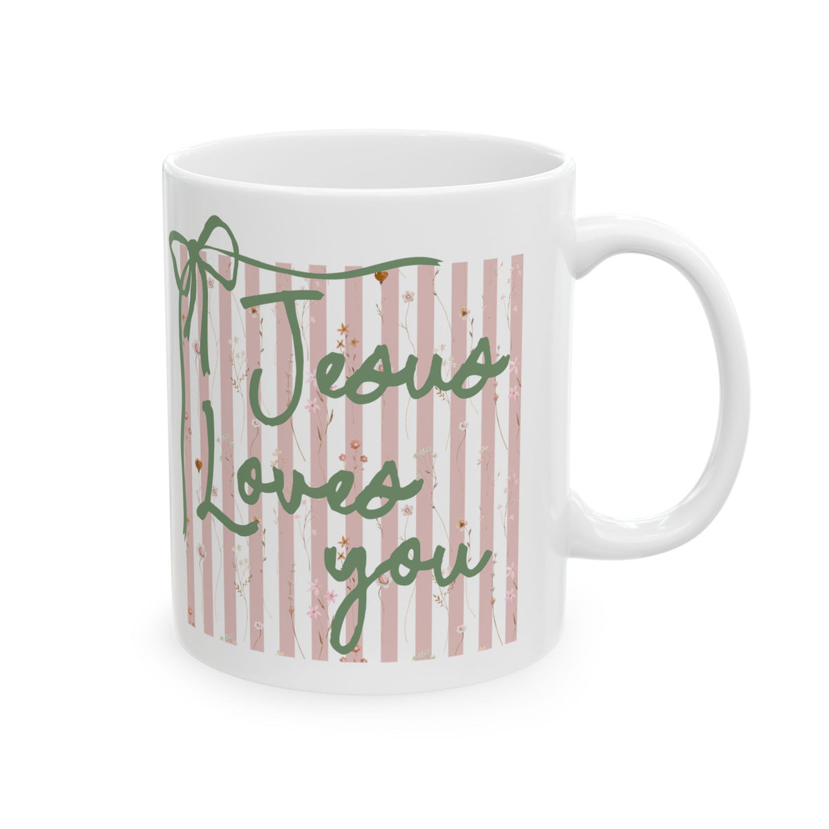 Jesus Loves You Pink Stripe Inspirational Ceramic Mug Coffee Cup (11oz & 15oz)