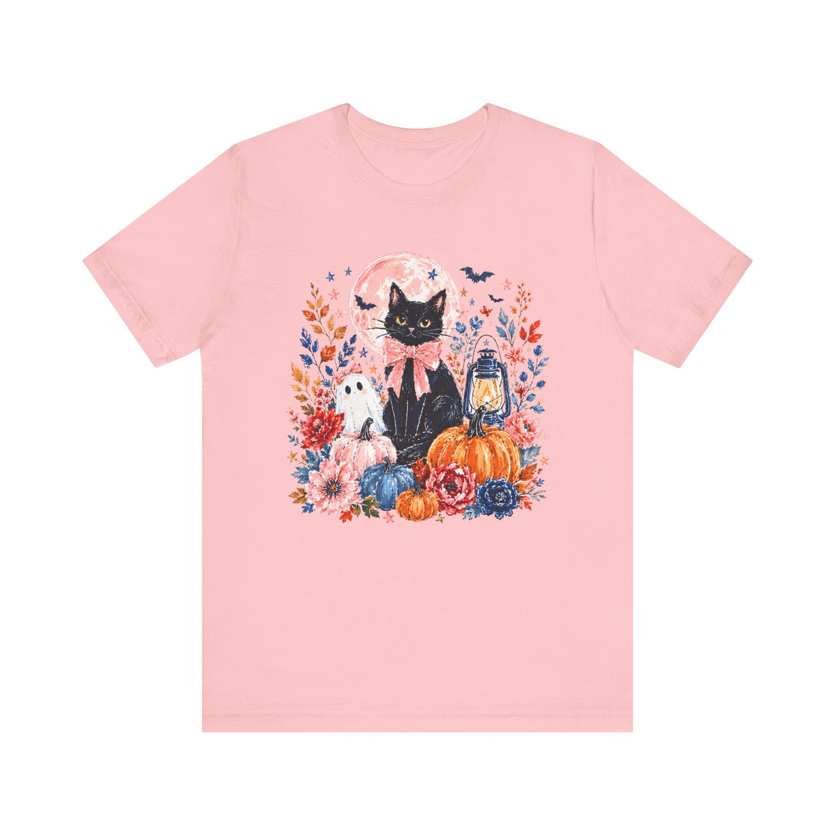 Girly Black Cat Halloween T-Shirt Cute Pumpkin & Lantern Fall Graphic Tee