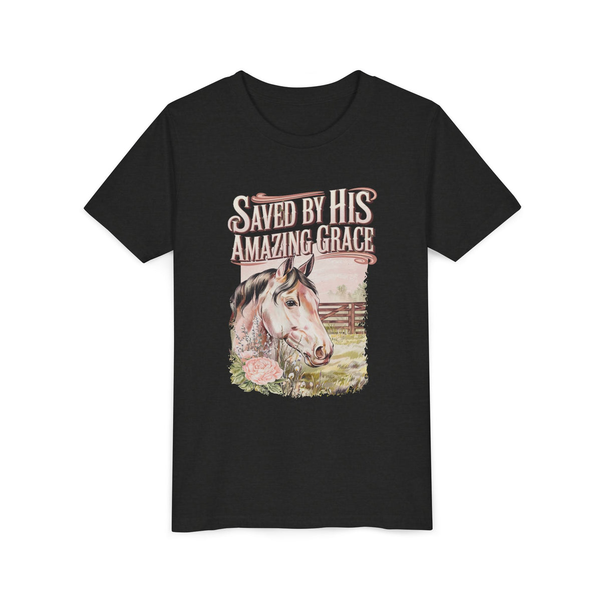 Youth Tee — "Saved By His Amazing Grace" Horse Graphic Christian Shirt