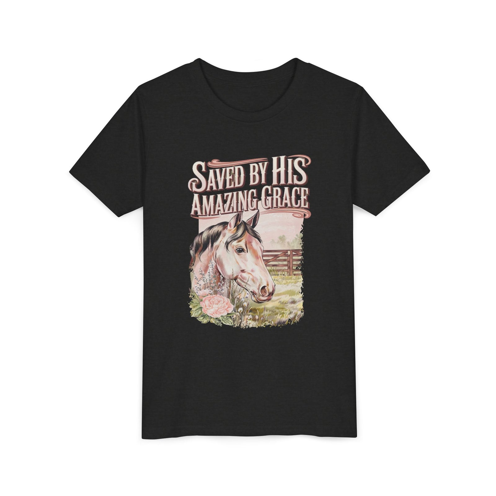 Youth Tee — "Saved By His Amazing Grace" Horse Graphic Christian Shirt